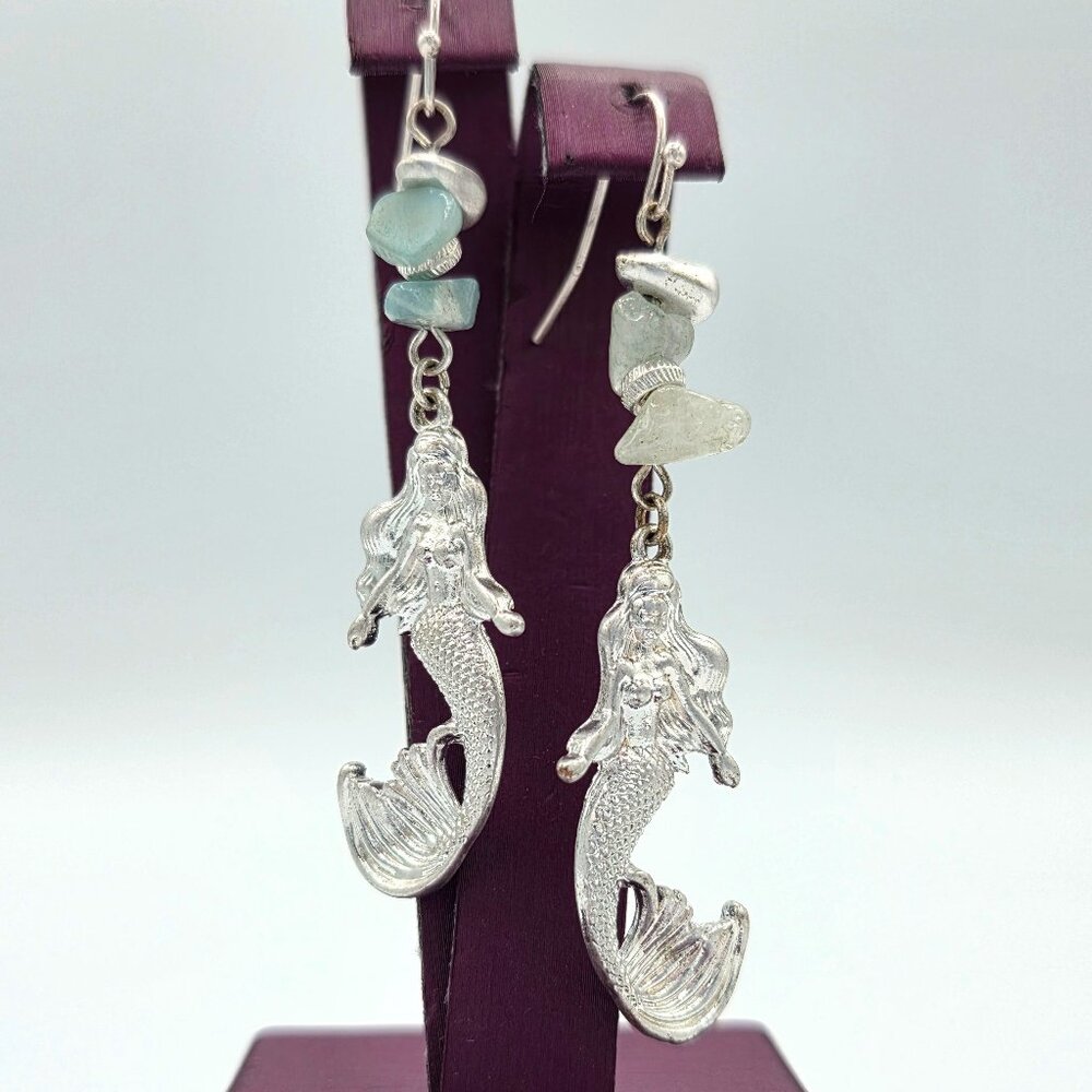 MERMAID Green Stone Accent Long Drop Dangle Pierced Earrings Silver Tone Metal